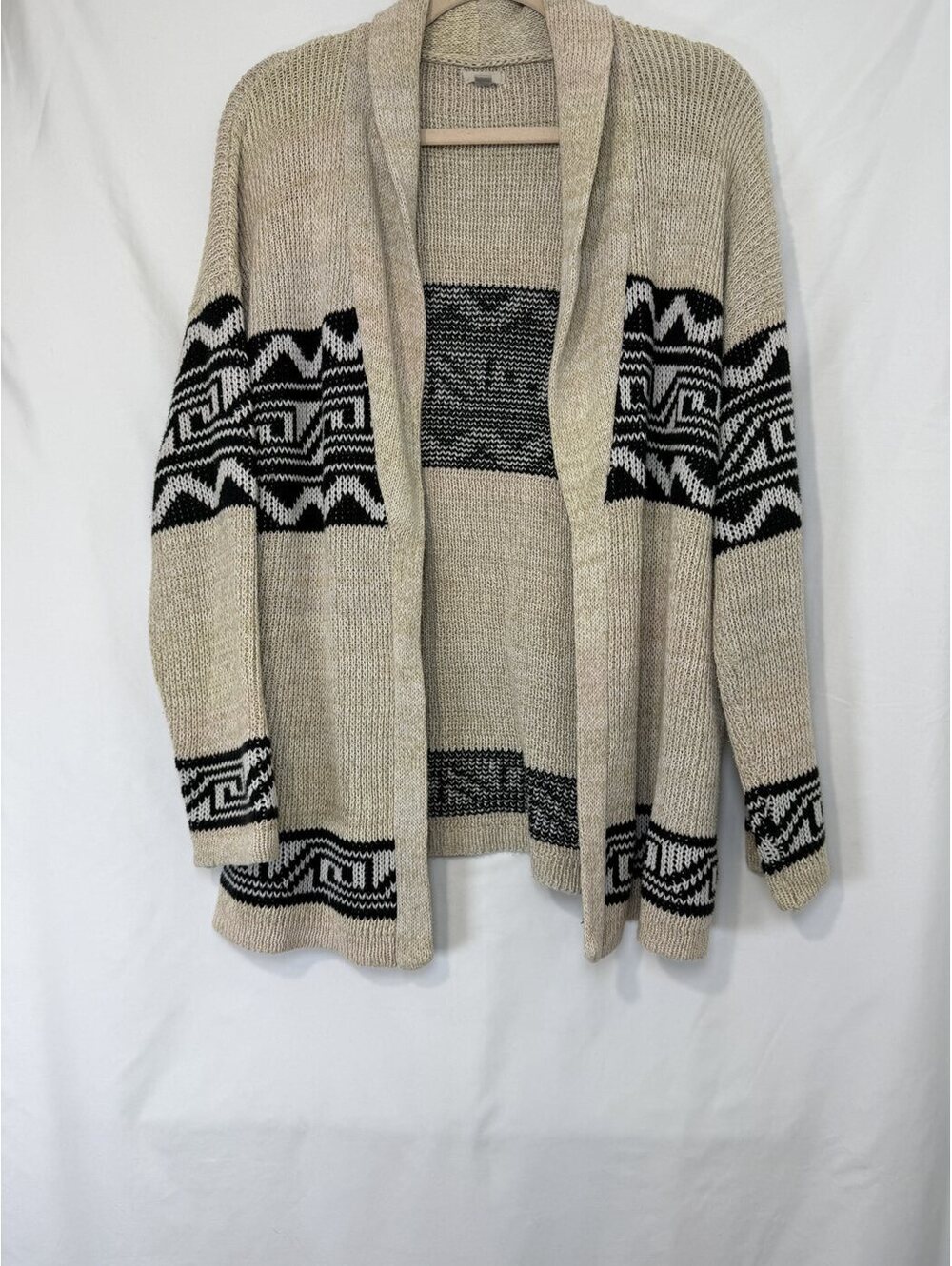 Eote Open Front Cardigan Beige Black Geometric Knit Shawl Collar Size M